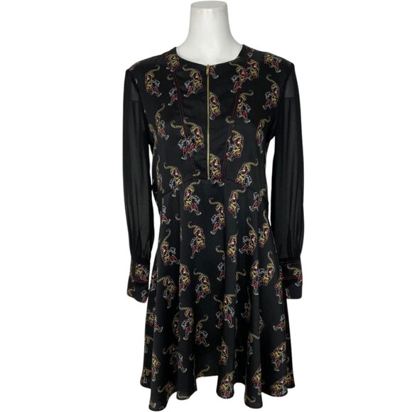 Sandro Paris Kaiya Tiger Print Dress 3 US/8 Black Long Sleeve Mini MISSING BELT - Picture 1 of 12